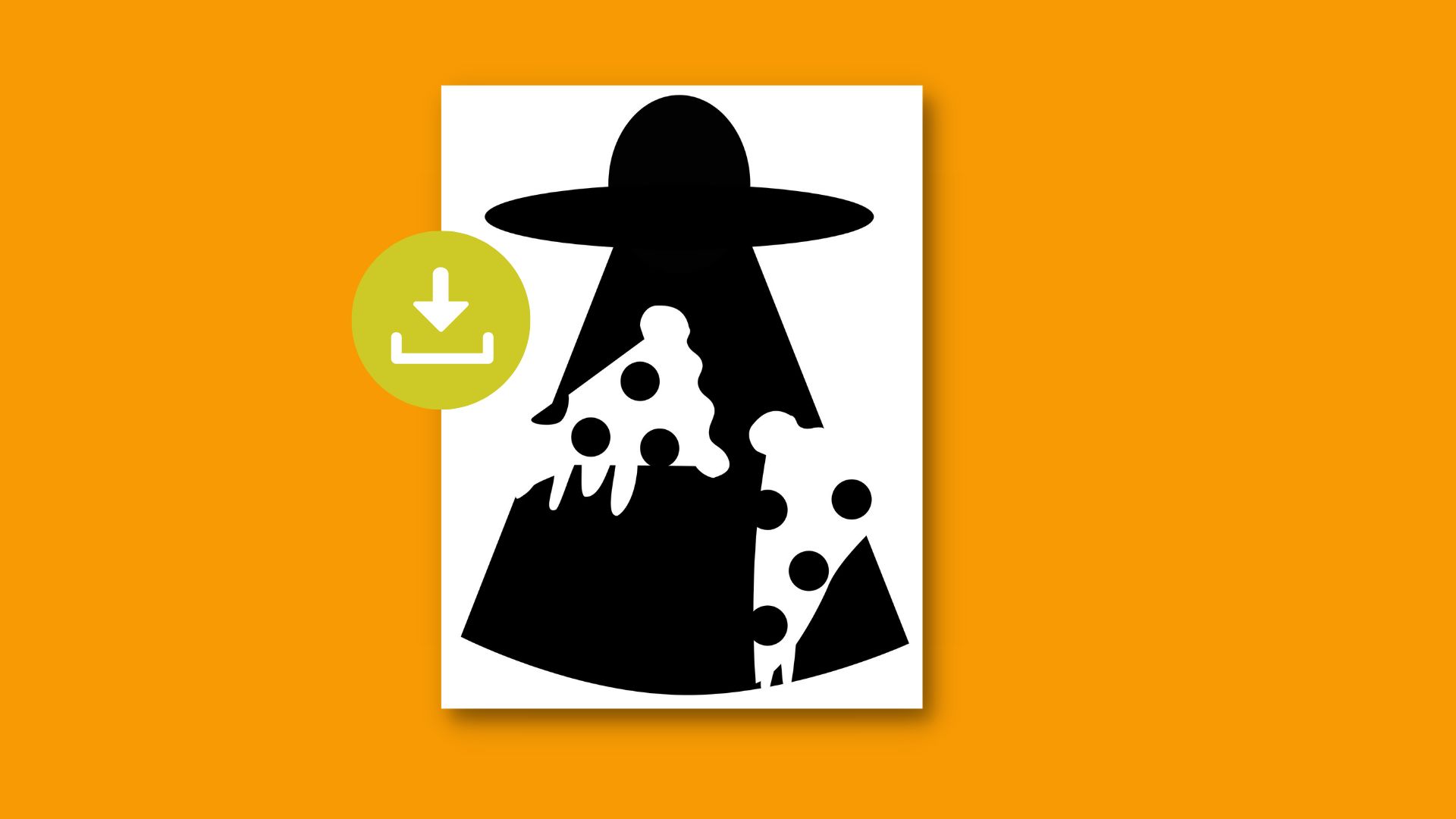 Download the free pumpkin stencil. Pic of pumpkin stencil of alien spaceship abducting slices of pizza on paper with a download button.