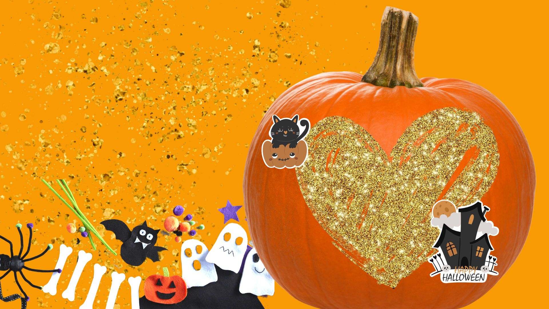 Get Crafty. Orange background. Pumpkin with glitter heart and Halloween Stickers on it, sitting next to some Halloween Craft supplies