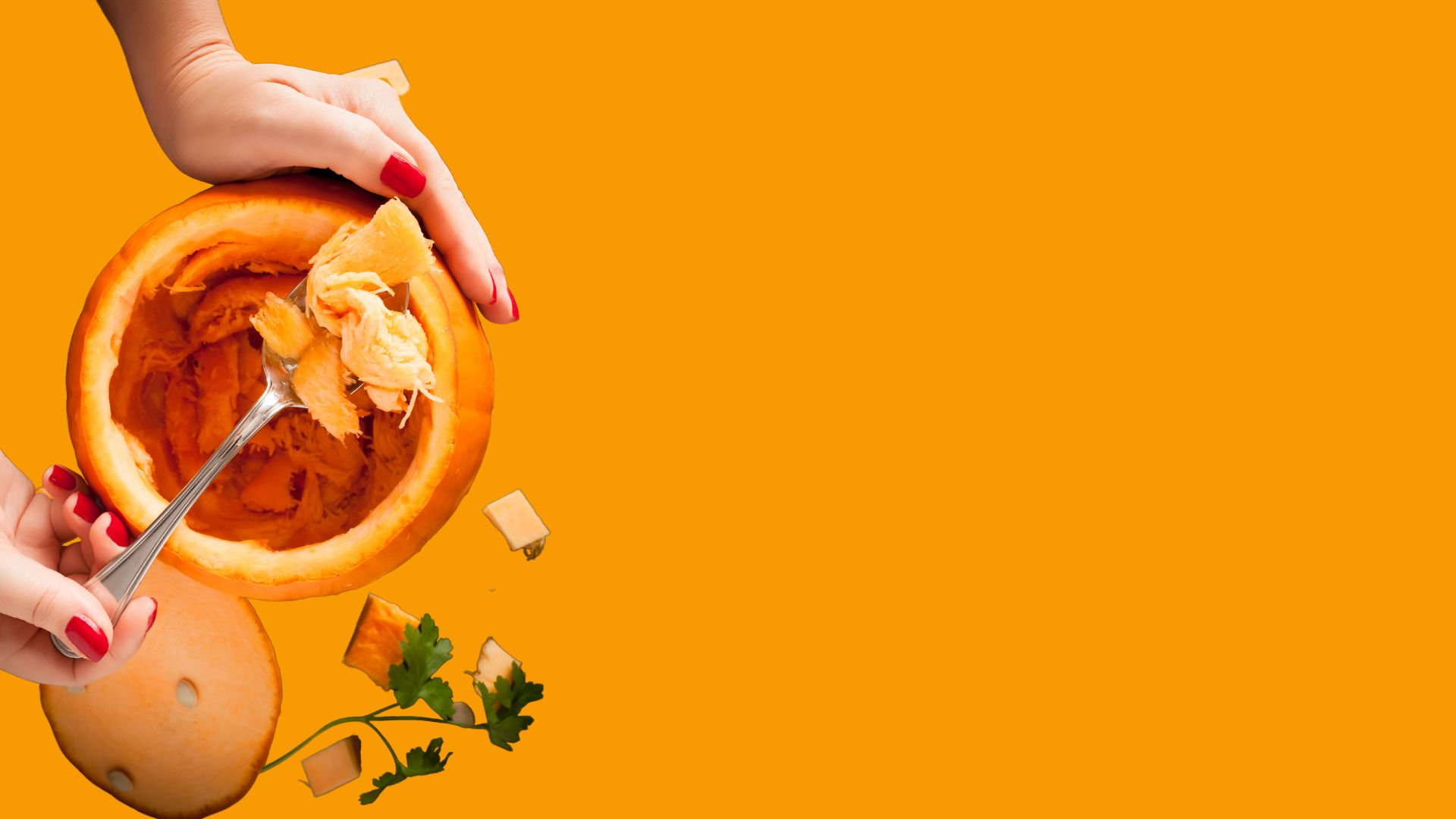 Gut pumpkin. Orange background. Hands scooping pumpkin flesh out of giant hole on top of pumpkin.