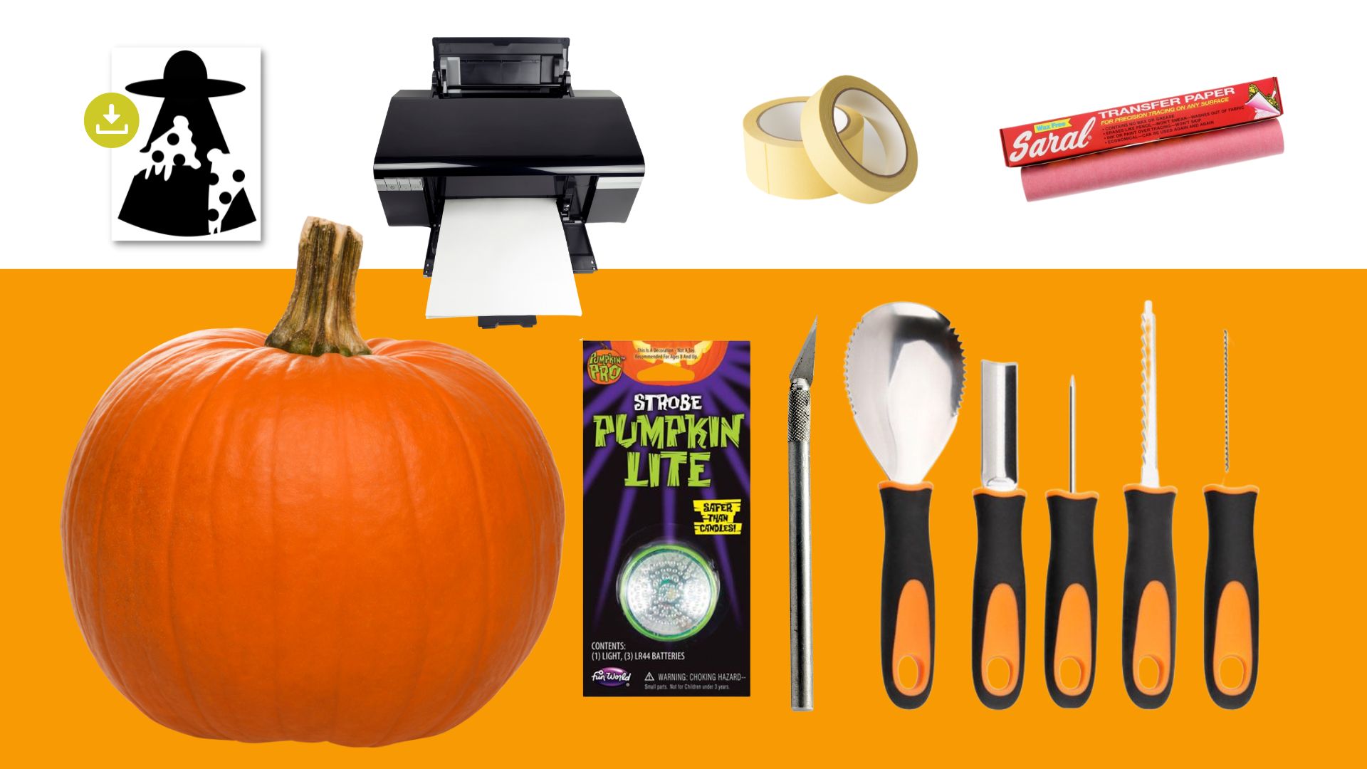 Pumpkin Carving Tools - photo of pumpkin printable stencil, printer, masking tape, saral transfer paper, pumpkin, battery operated pumpkin light, exacto knife, and pumpkin carving kit of scooper, saws, and plastic awl. For instructions on how to use these free Halloween pumpkin carving stencils. 