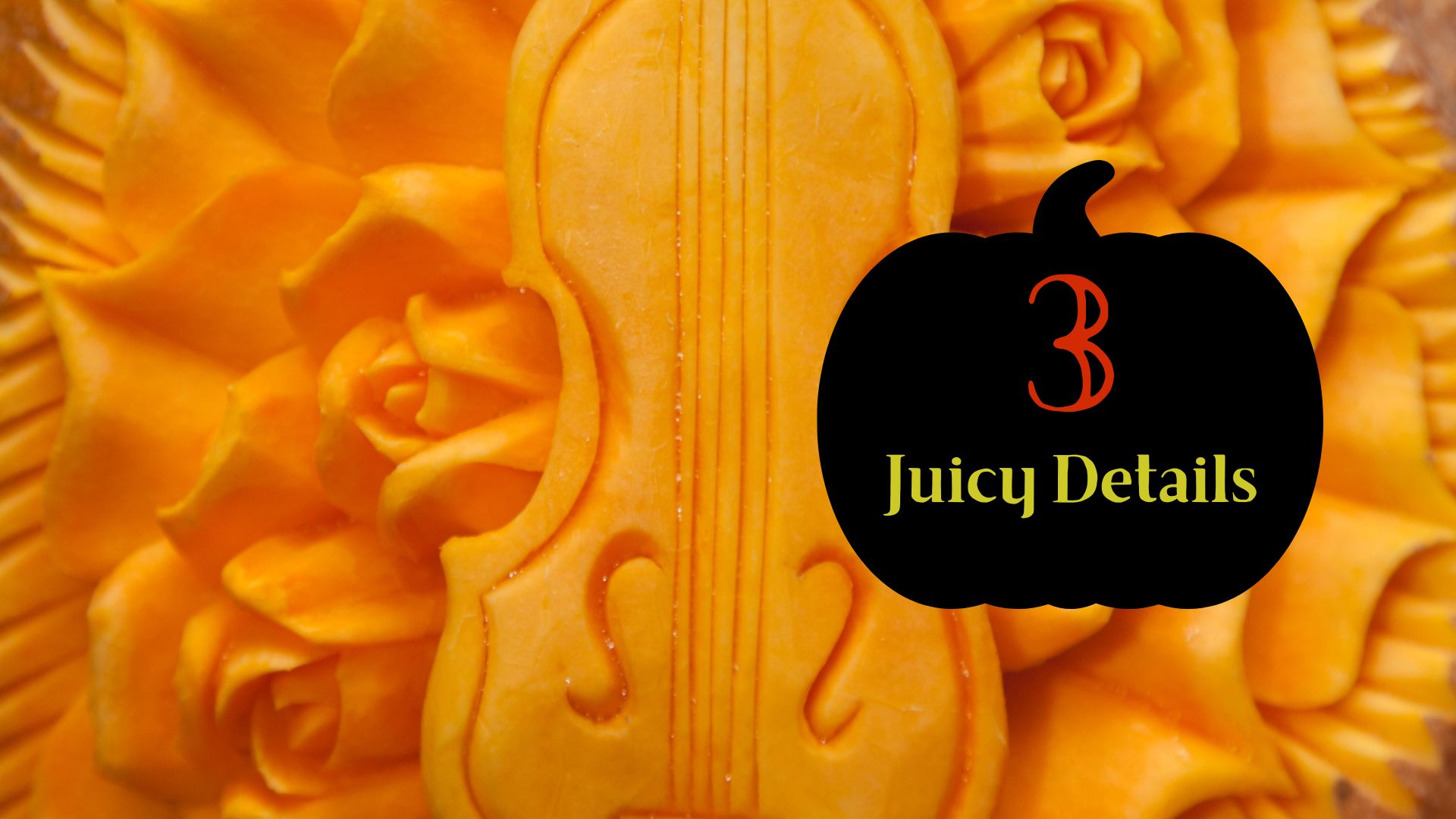 Step 3 on how to carve a pumpkin, Juicy Details showing a photo of a carved violin with roses into a gourd that looks pumpkin esque.